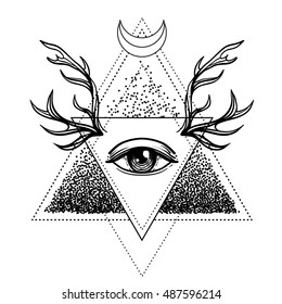 All-seeing eye symbol. Blackwork tattoo design. Sacred geometry, third eye, deer antlers. Vector illustration isolated on white. Tattoo design, mystic symbol. Dotwork. Boho hipster design.