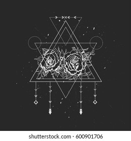 All-seeing eye symbol. Blackwork tattoo design. Sacred geometry,  roses. Tattoo design, mystic symbol. 