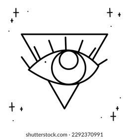 The all-seeing eye with the symbol of the Illuminati with a triangle surrounded by stars. Doodle vector illustration, clipart.