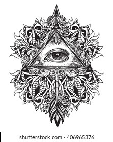 All-seeing eye as a symbol of the mystical science of alchemy and the sign of the Masons.. Arrow with feathers in dotwork style. Graphical tattoo patterned mandala. Baroque patterns