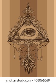 All-seeing eye as a symbol of the mystical science of alchemy and the sign of the Masons.. Arrow with feathers in dotwork style. Hanging drops and beads with Baroque patterns