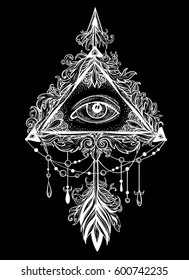 All-seeing eye as a symbol of the mystical science of alchemy and the sign of the Masons.. Arrow with feathers in dotwork style. Graphical tattoo patterned mandala. Baroque patterns