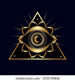 All-seeing eye. Symbol of religion, spirituality, occultism. Vector illustration isolated on a dark background. Surveillance icon.