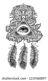 All-seeing eye as a symbol of wisdom, with feathers and patterns