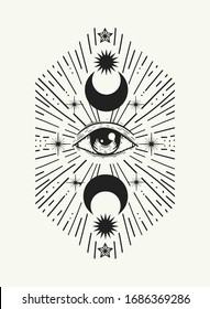 all-seeing eye tattoo with moon, stars and rays diverging into different turns