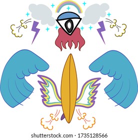 all-seeing eye, thunder and lightning, waves and surfboard's wings, flying surfboard 