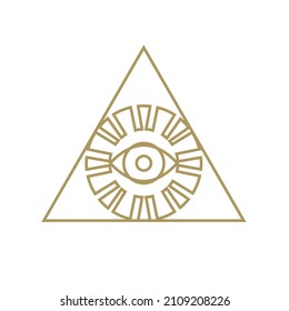 All-seeing eye in triangle. Isolated vector line drawing. An eye and a sun. Sign, logo design idea. Esoteric, alchemical amulet. Hypnotize eye icon. 