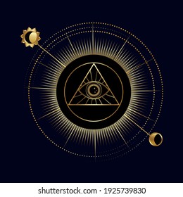 All-seeing eye in a triangle with sun and moon. Symbol of religion, spirituality, occultism. Vector illustration isolated on a dark background. Occult icon.