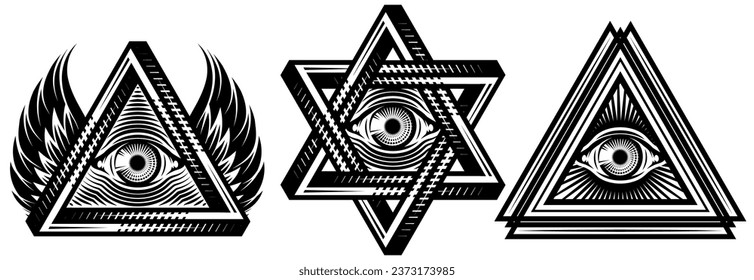 All-seeing eye with various geometric shapes. Sacred symbols. Set of three templates for design. Monochrome vector illustration.