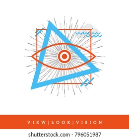 All-seeing Eye, View - Look - Vision Flat Style and Thin Line Icon, Vector Illustration. Modern Art Design Elements.