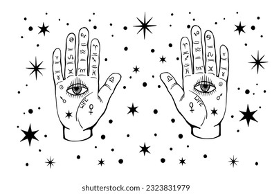 All-seeing eyes on the palms of the hand. Mystical background. Vector boho illustration for palmist, numerology and astrology.