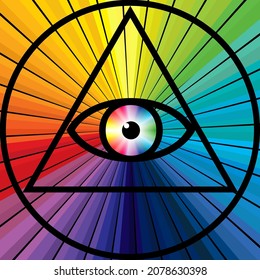 All-Seeing Occult Eye, Third eye, Eye of providence over a colorful chakra sunburst