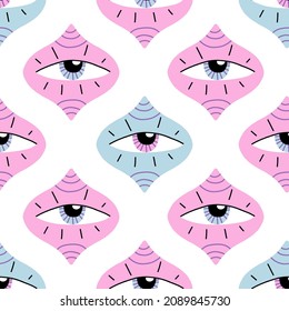 All-seeing or third eye, esoteric, indigo, mystic, magic vision contemporary seamless pattern. Tile blocks with pink eyes. Hand-drawn modern illustration for textile, fabric, wallpaper, wrapping paper