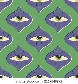 All-seeing or third eye, esoteric, mystic, magic vision seamless pattern. Tile repeat with color of the year blocks in retro style. Hand-drawn illustration for fabric, wallpaper, wrapping paper.