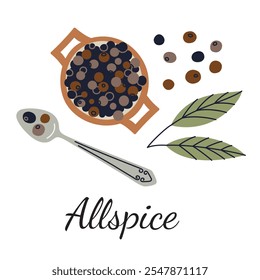 Ilustración vectorial Allspice en estilo plano de dibujos animados. Cuenco de madera con bayas de pimienta, cuchara elegante y hojas de plantas. Perfecto para diseños culinarios, botánicos o de condimentos. Obra de arte brillante y moderna