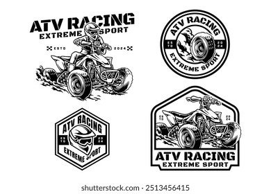 Vehículo todo terreno todoterreno 4x4 quad y ATV quad racing diseño de logotipo para el deporte extremo. Logotipo moderno del símbolo del piloto y del vehículo de ATV. Ilustración del logotipo de la insignia del emblema del deporte del casco y del neumático de ATV