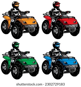 All-terrain vehicle or quad bike on white background and in 4 color versions.