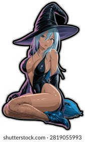 Alluring Anime Witch with Blue Hair and Magical Hat