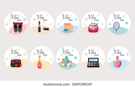 Alluring Beauty Cards in oval with Cosmetic Illustrations Printable