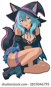Alluring Blue Haired Kemonomimi Witch Girl Fantasy Art