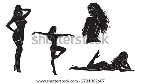 An alluring collection of four detailed black silhouettes featuring women in various seductive and artistic poses. This set includes a classic pin-up stance, a dynamic dancing figure, a sensual reclining pose, and a high-detail portrait with flowing hair. These vectors are ideal for boudoir studio branding, beauty salon marketing, erotic art projects, nightclub promotions, and modern lifestyle illustrations.