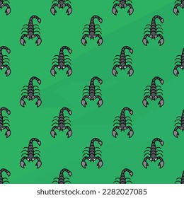 Alluring square tile with an animated animal sketch. Seamless pattern with scorpion on medium sea green background. Design for a collection of stickers with animals.