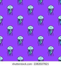 Alluring square tile with an animated animal sketch. Seamless pattern with jellyfish on sandstorm background. Design for a children's book cover with an animal illustration.