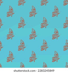 Alluring square tile with an animated animal sketch. Seamless pattern with tribal wings design butterfly side view on medium turquoise background. Design for a collection of stickers with animals.