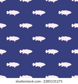 Alluring square tile with an animated animal sketch. Seamless pattern with goliath grouper fish shape on linen background. Design for a business card with an animal silhouette.