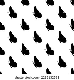 Alluring square tile with an animated animal sketch. Seamless pattern with butterfly silhouette facing left on black background. Design for a tote bag with an animal sketch.