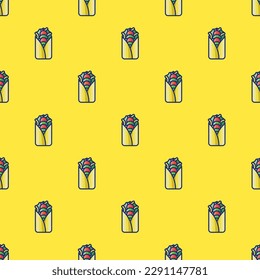 Alluring square tile with an animated food sketch. Seamless pattern with burrito on blue (crayola) background. Design for a textured wallpaper.