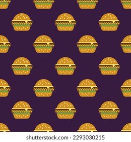 Alluring square tile with an animated food sketch. Seamless pattern with hamburguer on onyx background. Design for a bioplastic wrap for sandwiches.