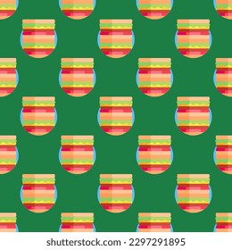 Alluring square tile with an animated food sketch. Seamless pattern with sandwich on dark jungle green background. Design for a sunburst pattern.