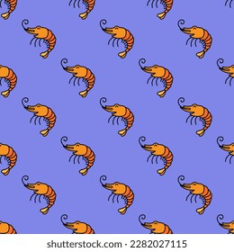 Alluring square tile displaying a delightful animal rendering. Seamless pattern with Prawn on dark pastel blue background. Design for a set of posters with animal illustrations.