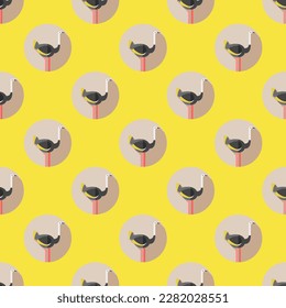 Alluring square tile displaying a delightful animal rendering. Seamless pattern with ostrich on lavender indigo background. Design for a brochure with an animal motif.