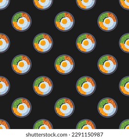 Alluring square tile displaying a delightful food rendering. Seamless pattern with bibimbap on rajah background. Design for a safe wrap for fries.