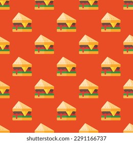 Alluring square tile displaying a delightful food rendering. Seamless pattern with sandwich on flame background. Design for a modern print.