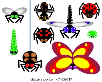 Alluring vector icons insects. Isolated on white. For children. Simple. Fly, spider, dragonfly, butterfly, ant, and others.