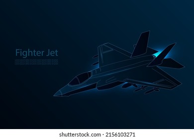 All-weather stealth multirole combat aircraft. F-35 Lightning II Fighter Jet vector illustration. Isolated military attack aircraft with blue lights on dark background. 