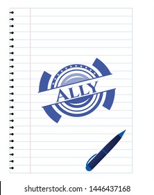 Ally emblem with pen effect. Blue ink. Vector Illustration. Detailed.