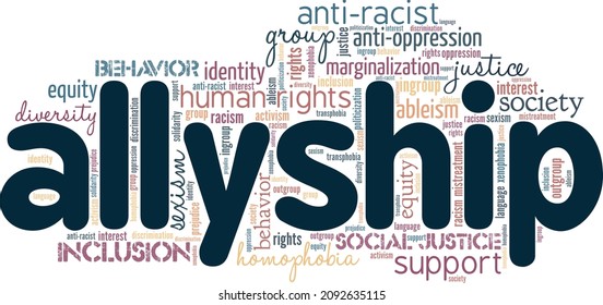 Allyship conceptual vector illustration word cloud isolated on white background. Word of the year 2021.