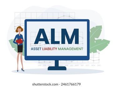 ALM, ASSET LIABILITY MANAGEMENT. Concept with keyword and icons. Flat vector illustration. Isolated on white.