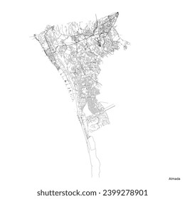 Almada city map with roads and streets, Portugal. Vector outline illustration.