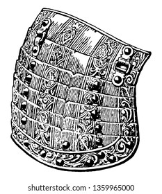 Almain rivet replacing the common appliance of riveting to straps of leather or similar material, vintage line drawing or engraving illustration.