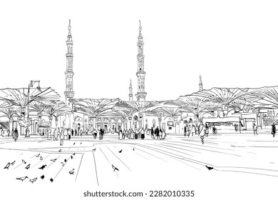 Al-Masjid an-Nabawi. Medina Saudi Arabia. Hand drawn sketch. Vector illustration.