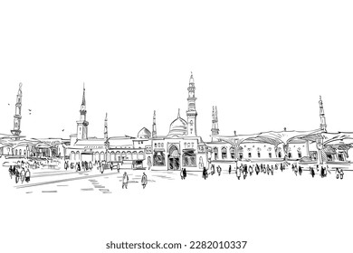 Al-Masjid an-Nabawi. Medina Saudi Arabia. Hand drawn sketch. Vector illustration.