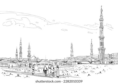 Al-Masjid an-Nabawi. Medina Saudi Arabia. Hand drawn sketch. Vector illustration.