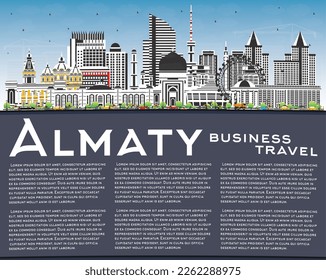 Almaty Kazakhstan City Skyline with Color Buildings, Blue Sky and Copy Space. Vector Illustration. Almaty Cityscape with Landmarks. Business Travel and Tourism Concept with Modern Architecture.