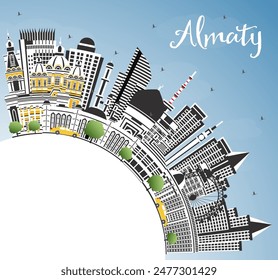 Almaty Kazakhstan City Skyline with Color Buildings, Blue Sky and Copy Space. Vector Illustration. Almaty Cityscape with Landmarks. Business Travel and Tourism Concept with Modern Architecture.