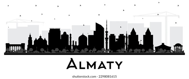 Silhouette en el Skyline de la ciudad de Kazajistán en Almaty con edificios negros aislados en blanco. Ilustración vectorial. Almaty Cityscape con monumentos. Concepto de viajes de negocios y turismo con arquitectura moderna.